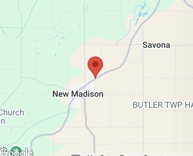 Map showing the location of New Madison, Ohio, with a red marker indicating a specific point near the town.