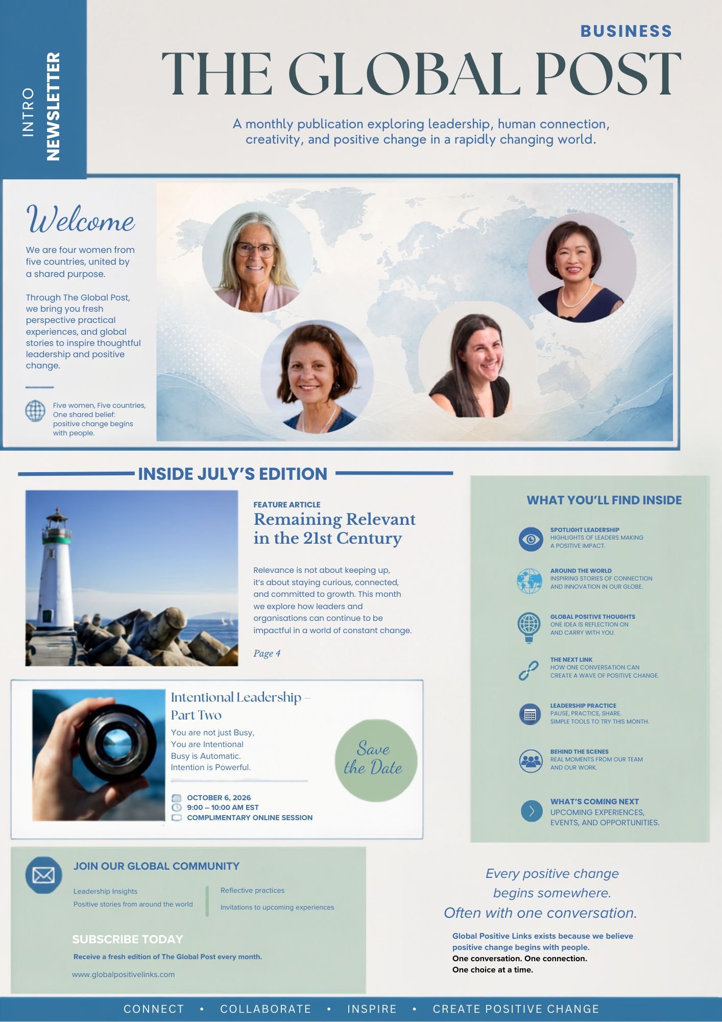 Newsletter titled 'The Global Post' with a world map background, photos of four women, lighthouse image, and sections about leadership, connection, and positive change.