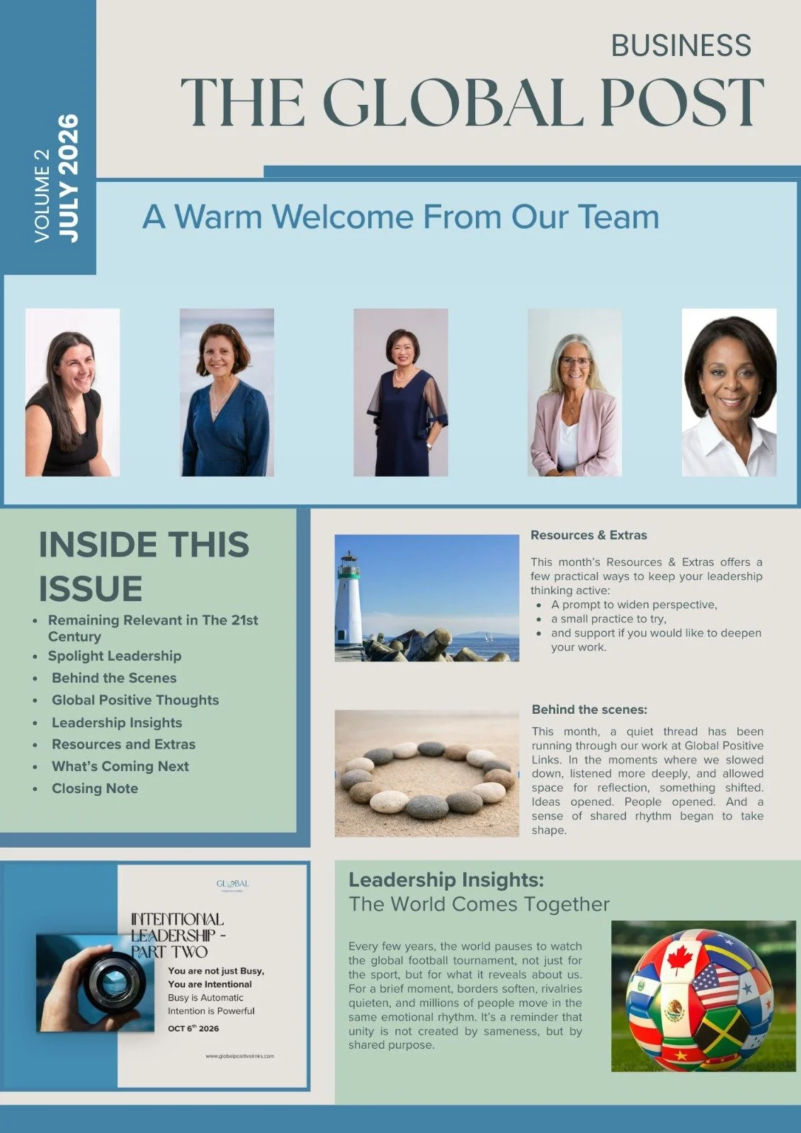 Cover page of a newsletter titled 'The Global Post.' It features five women in professional attire at the top, a lighthouse, a circle of stones, and an image of a soccer ball with flags. Sections include inside this issue, resources and extras, behind the scenes, and leadership insights.