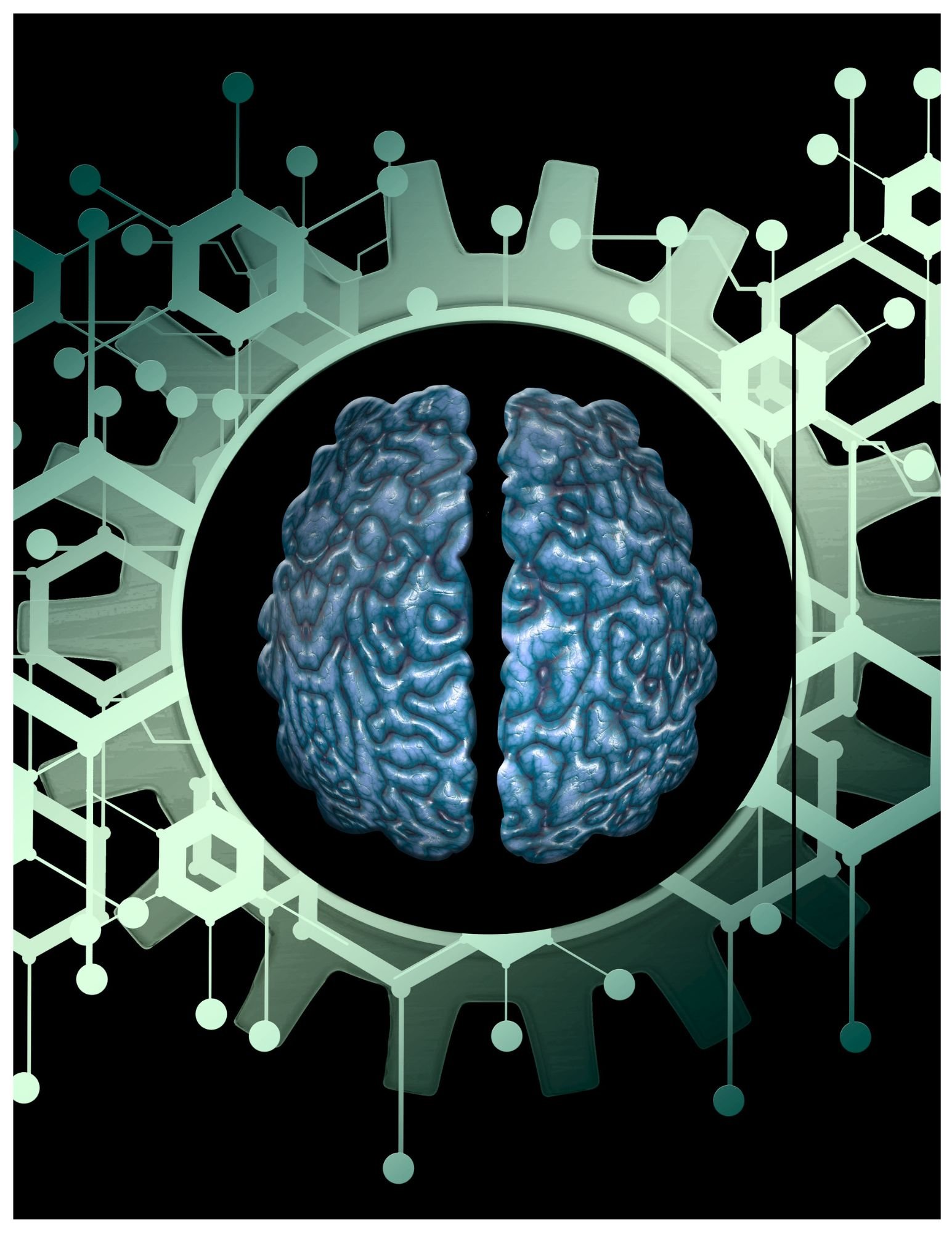 Digital illustration of a human brain surrounded by molecular structures and gears, symbolizing neuroscience and technology.