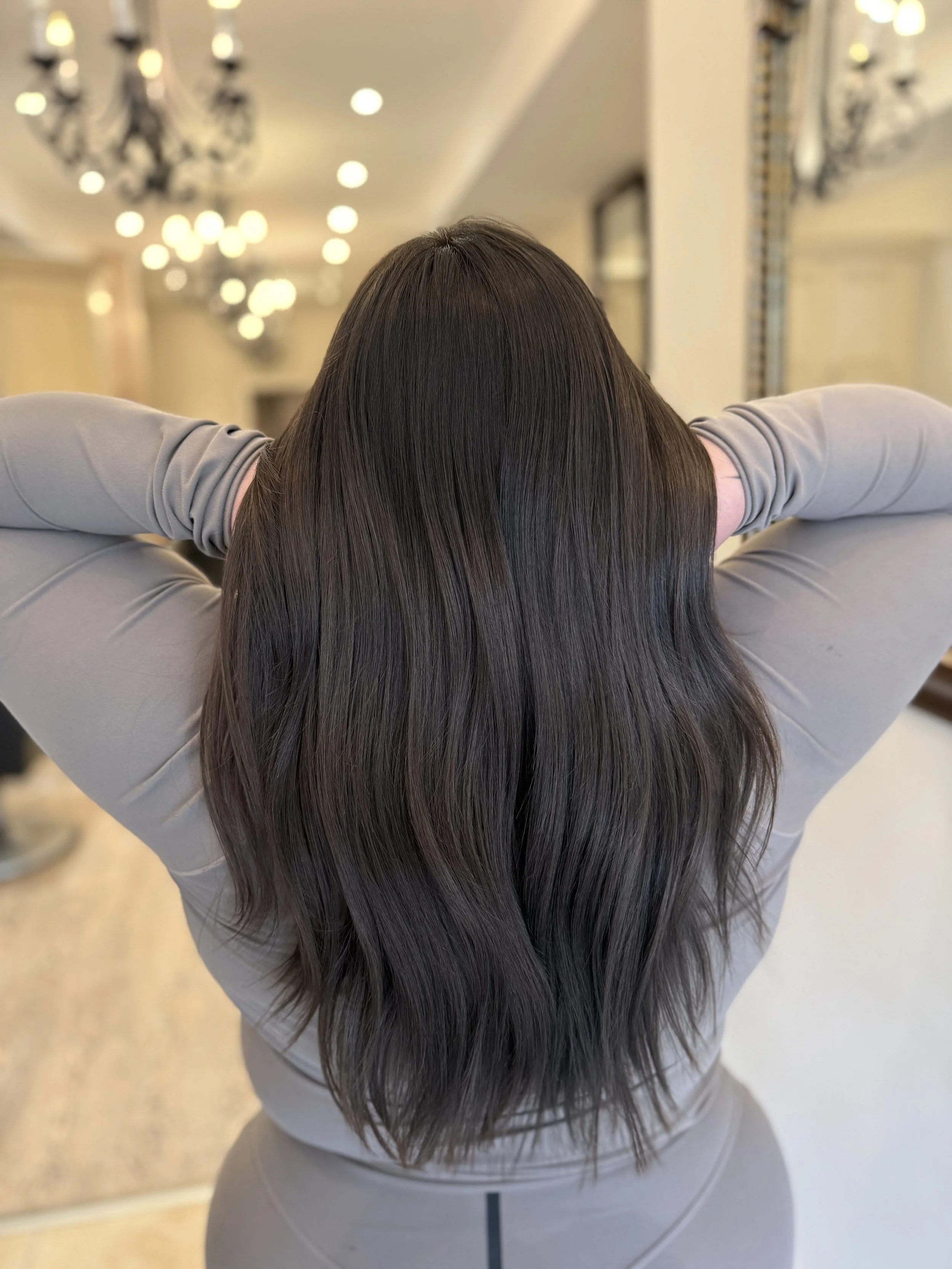 Back view of a woman's long, wavy, shiny brown hair.