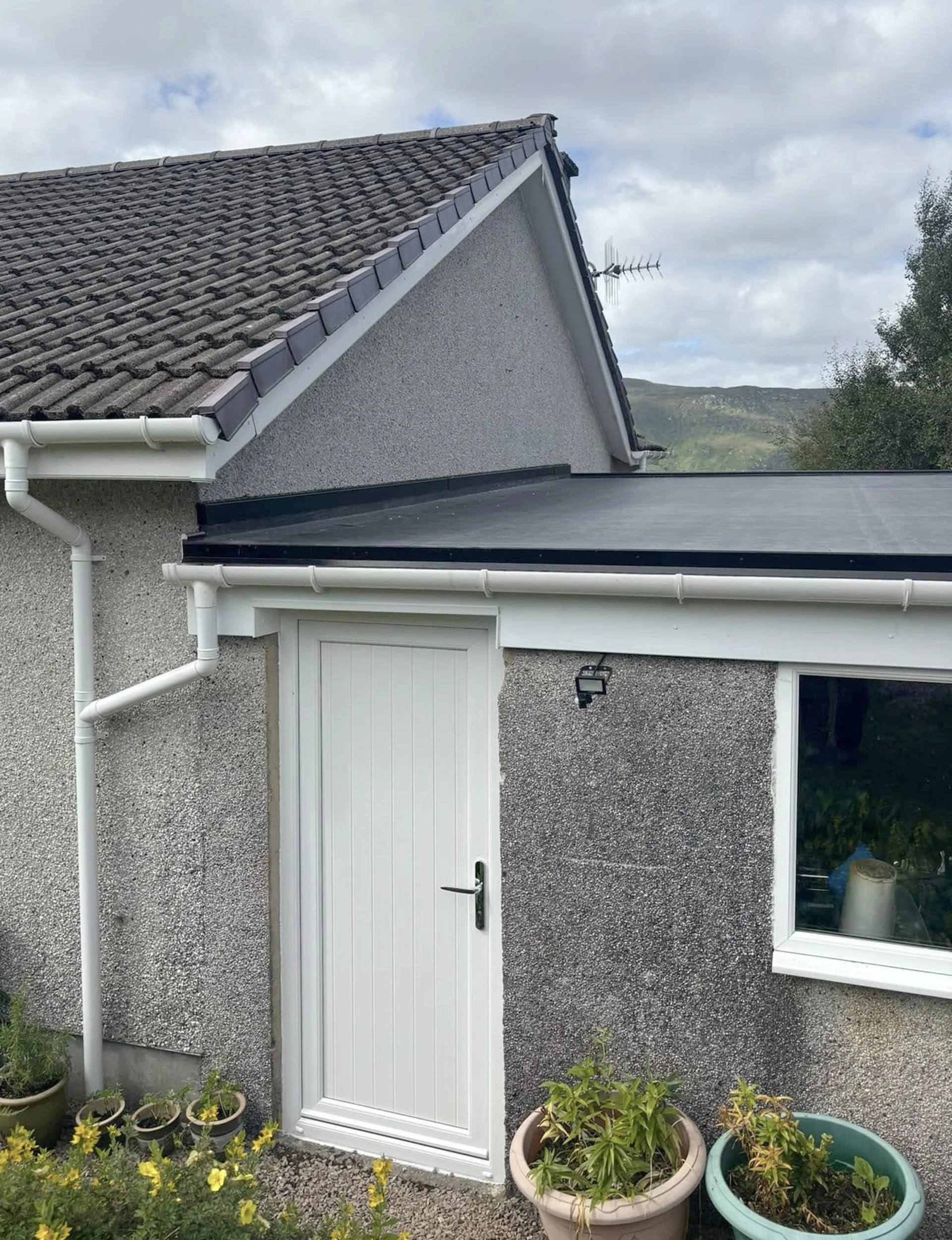 Exterior view of a house with a textured gray wall, white door, and a window, with potted plants and a cloudy sky in the background.