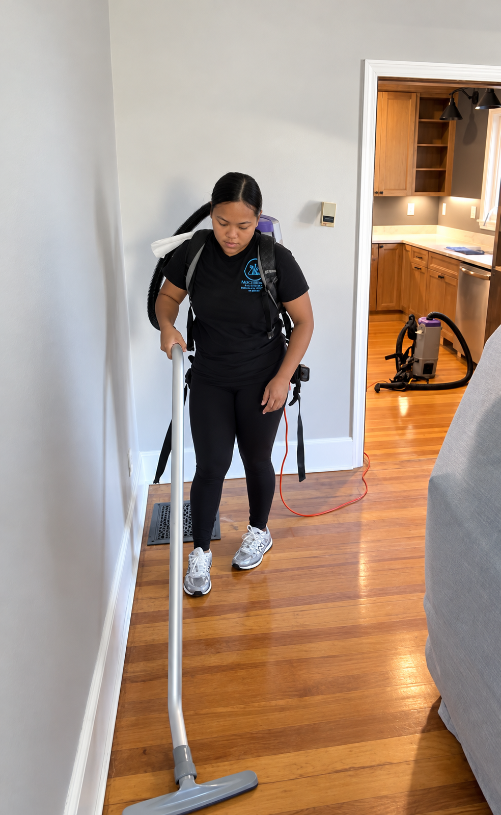 Professional house cleaner wearing a backpack vacuum cleans a hardwood floor with a long-handled vacuum attachment.