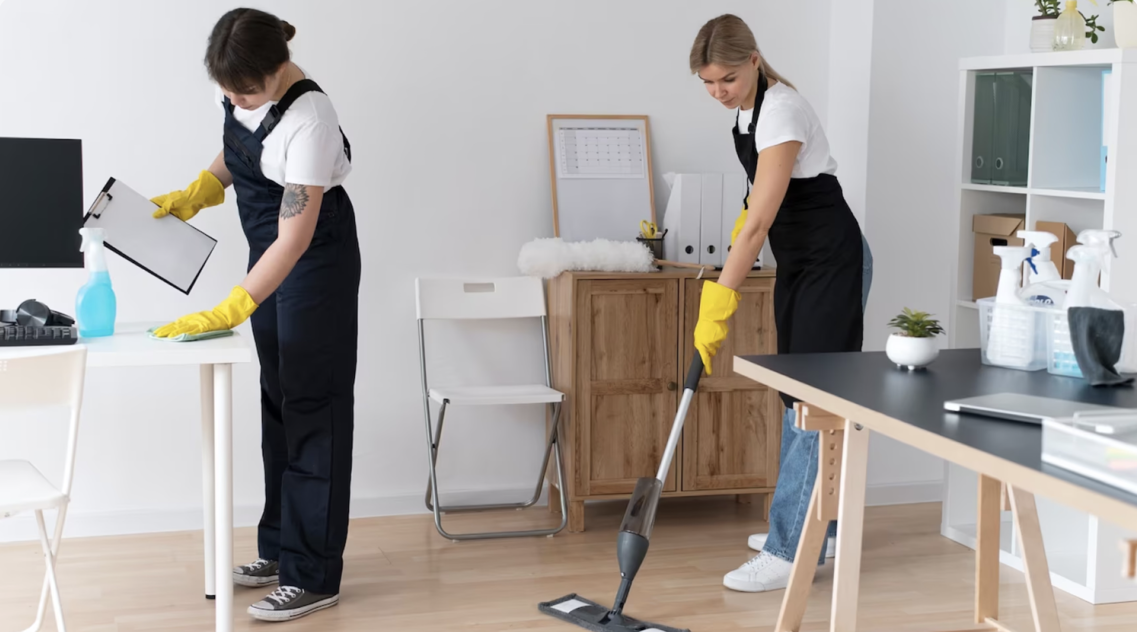 Two women wearing yellow cleaning gloves are cleaning an office. One woman on the left is wiping a table with a cloth, and the other on the right is vacuuming the floor. The office has white walls, a wooden cabinet, a white chair, and shelves with binders and plants.