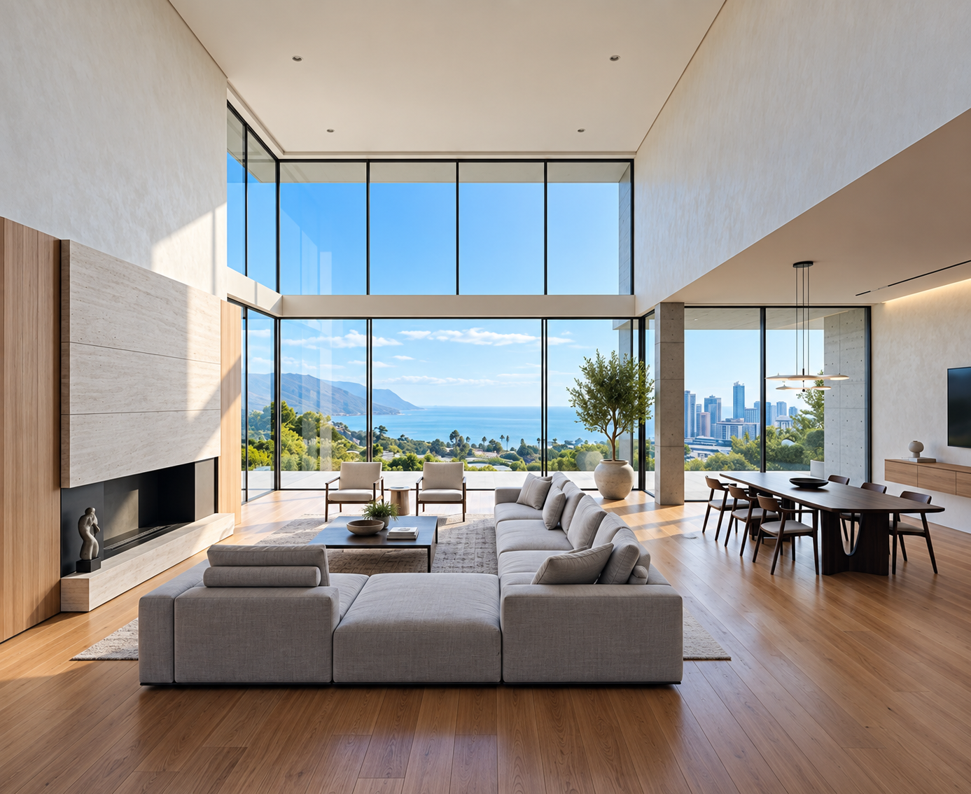 Modern luxury living room with floor-to-ceiling windows overlooking a lake, mountains, and city skyline