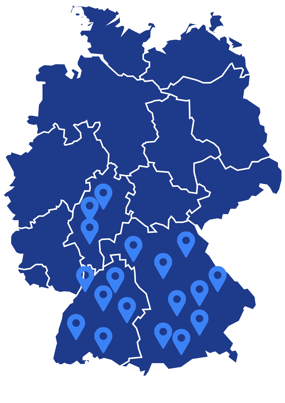 Deutschlandkarte mit markierten Einsatzgebieten des Atzinger Gebäudeservice.