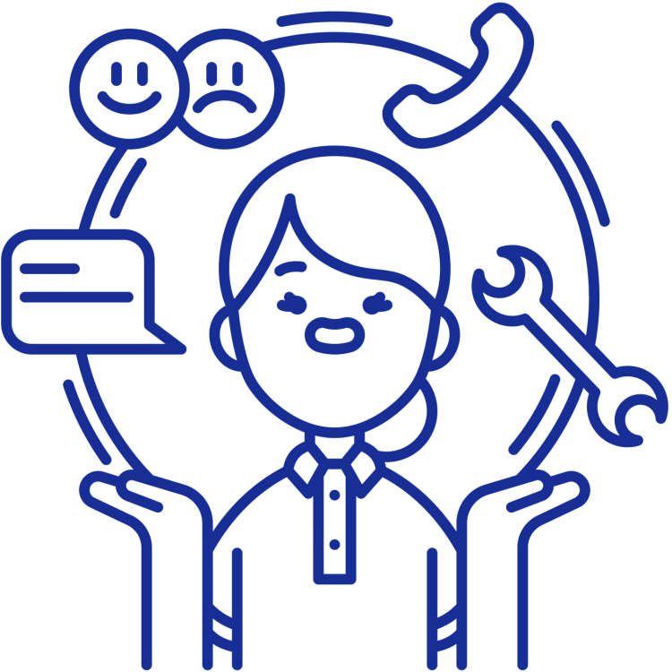 Illustration eines Kundenservice-Mitarbeiters mit Chat, Telefon und Werkzeug