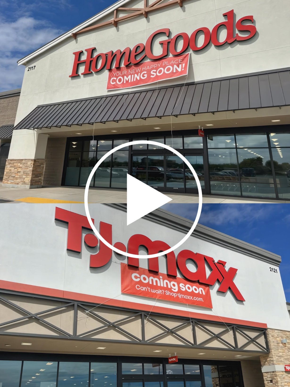 Exterior view of a shopping center with signs for HomeGoods and T.J. Maxx, both indicating 'coming soon.'