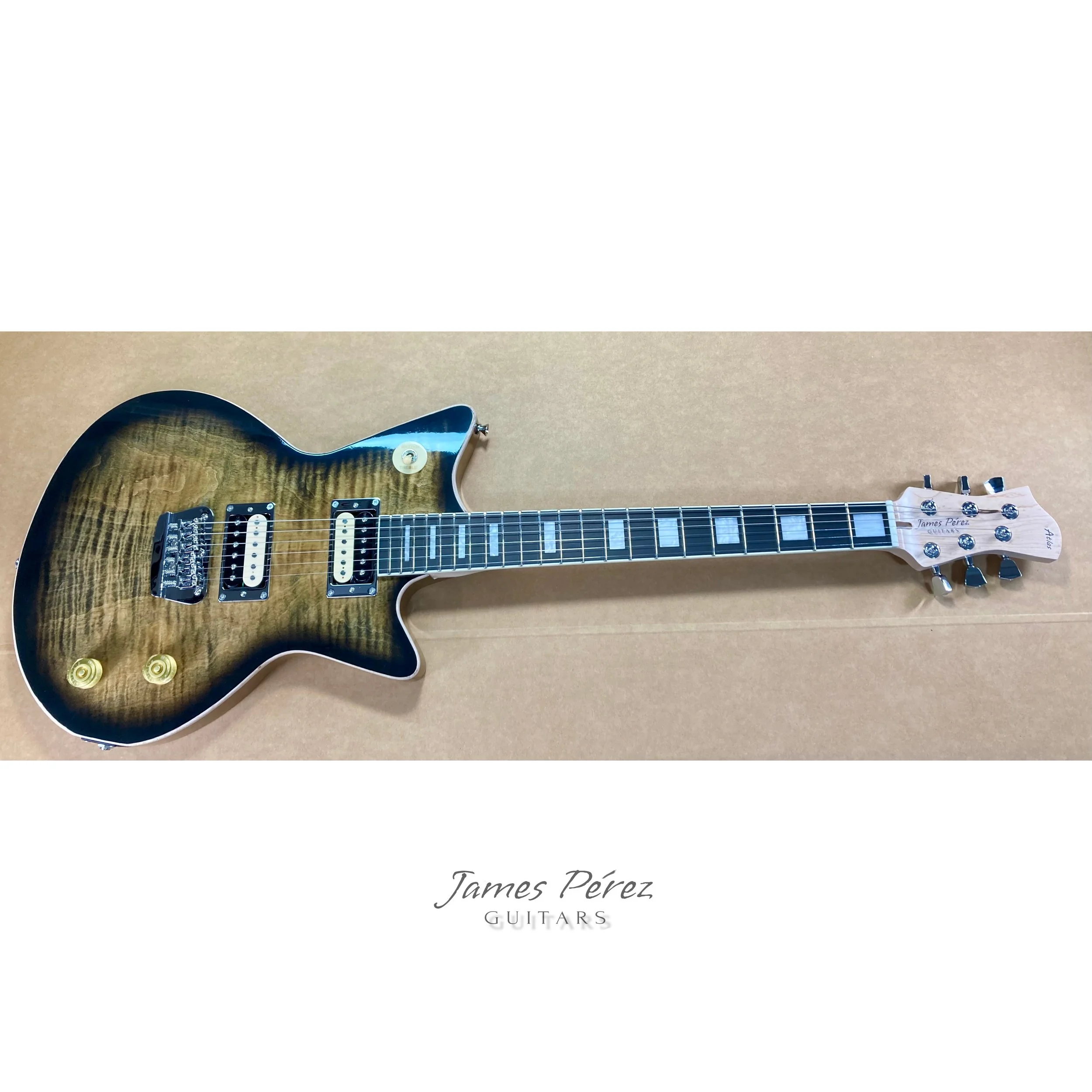 Electric guitar with a sunburst finish, dual humbucker pickups, and a maple neck on a beige background, with a logo reading 'James Perez Guitars' underneath.