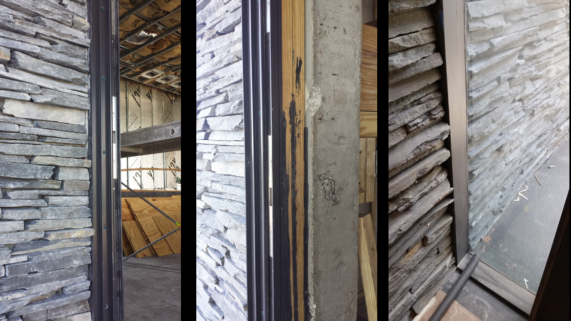 Coordinated stone cladding and frame alignment during rough construction — before flashing and finish were finalized.