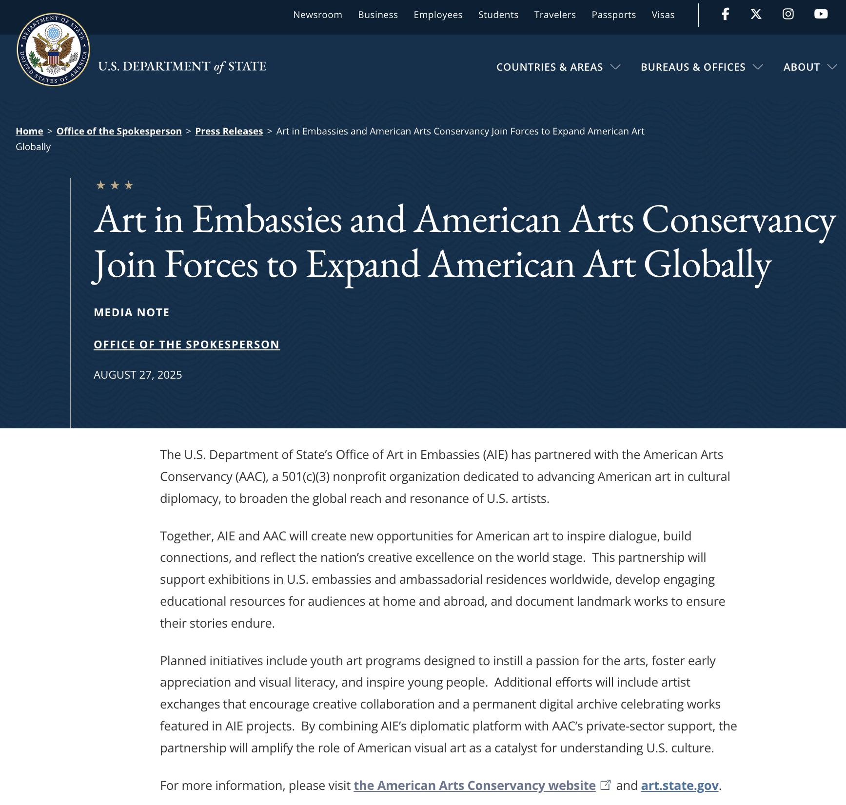 Press Release: Art in Embassies and American Arts Conservancy Join Forces to Expand American Art Globally