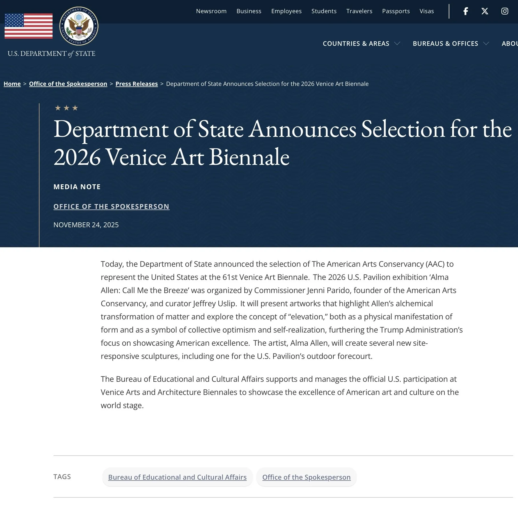 The Department of State Announces Selection for the 2026 Venice Art Biennale