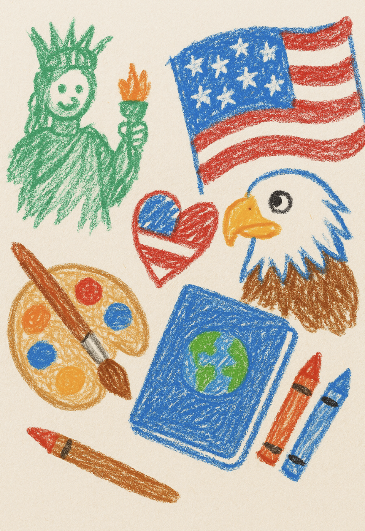 Crayon drawing of American patriotic symbols including the Statue of Liberty, American flag, a heart with red, white, and blue, a bald eagle, a globe on a blue book, an artist's palette with paints and a brush, and two crayons.