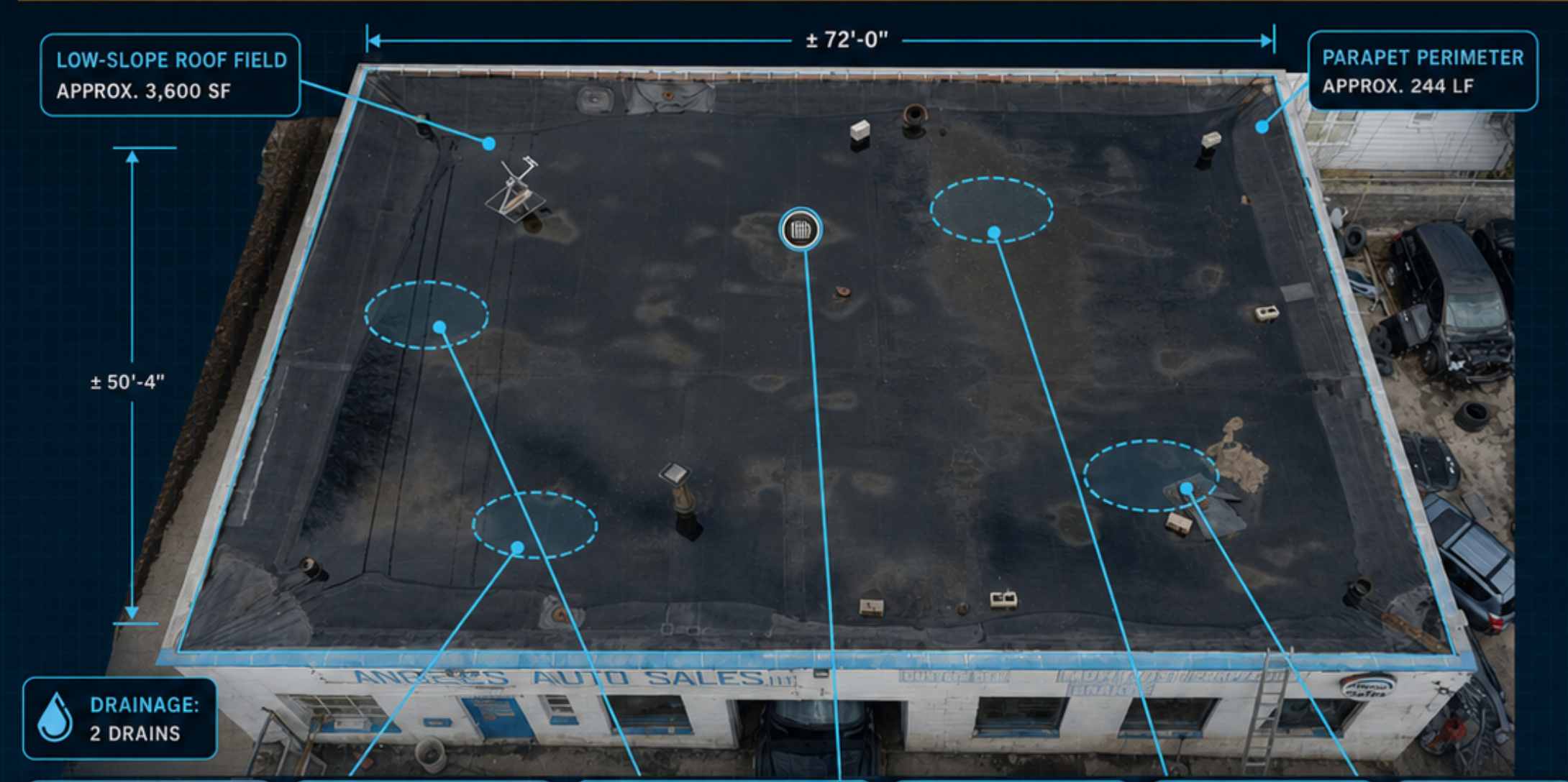 Aerial view of a commercial building with an overlay of a blueprint indicating the rooftop's dimensions, slopes, parapet perimeter, drainage system, and various rooftop equipment with labels and measurements.