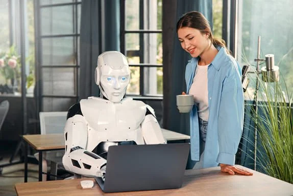 Assistente de IA operando um notebook, representando a automação da recepção da clínica