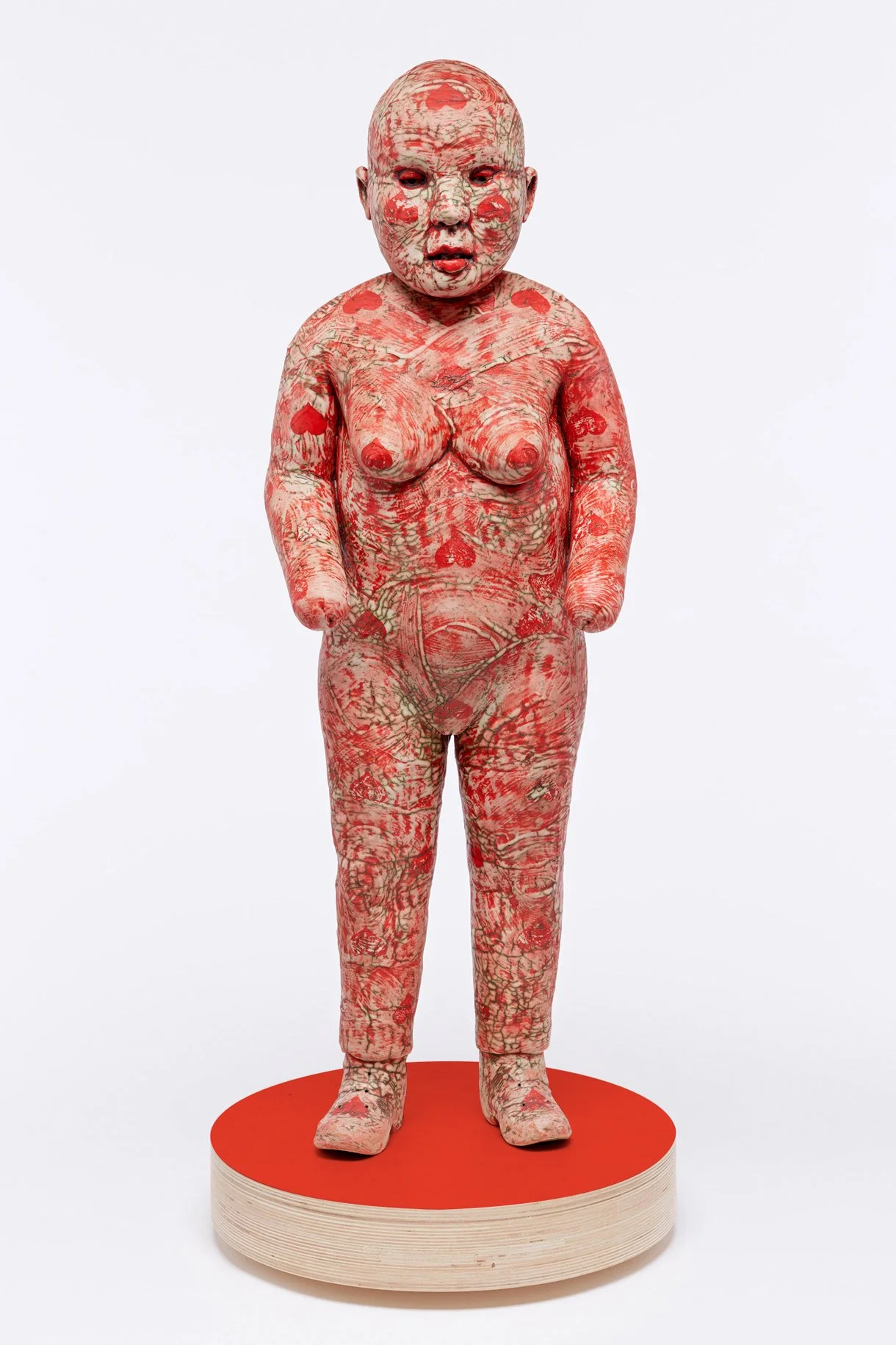 Figure Afflicted with Hearts, ceramic/wood, 46”x18”18,” 2016