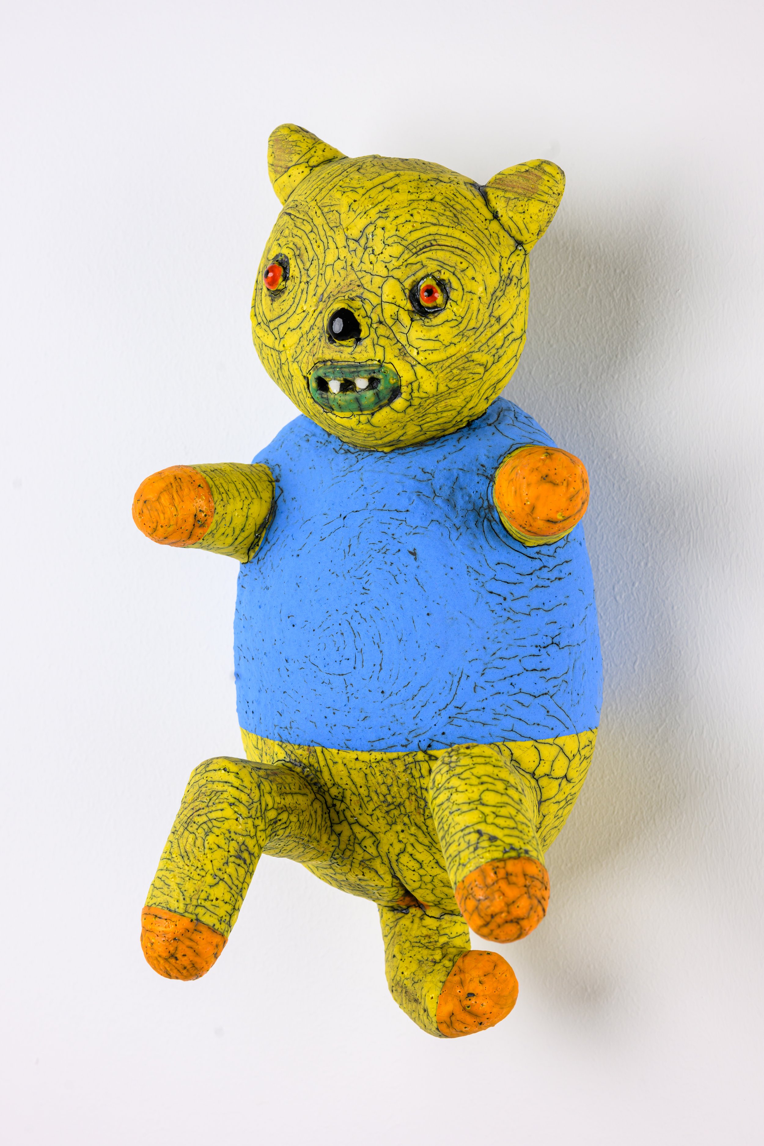 Yellow Animal in Blue Vest, Ceramic, 16 x 7 x 9, 2025