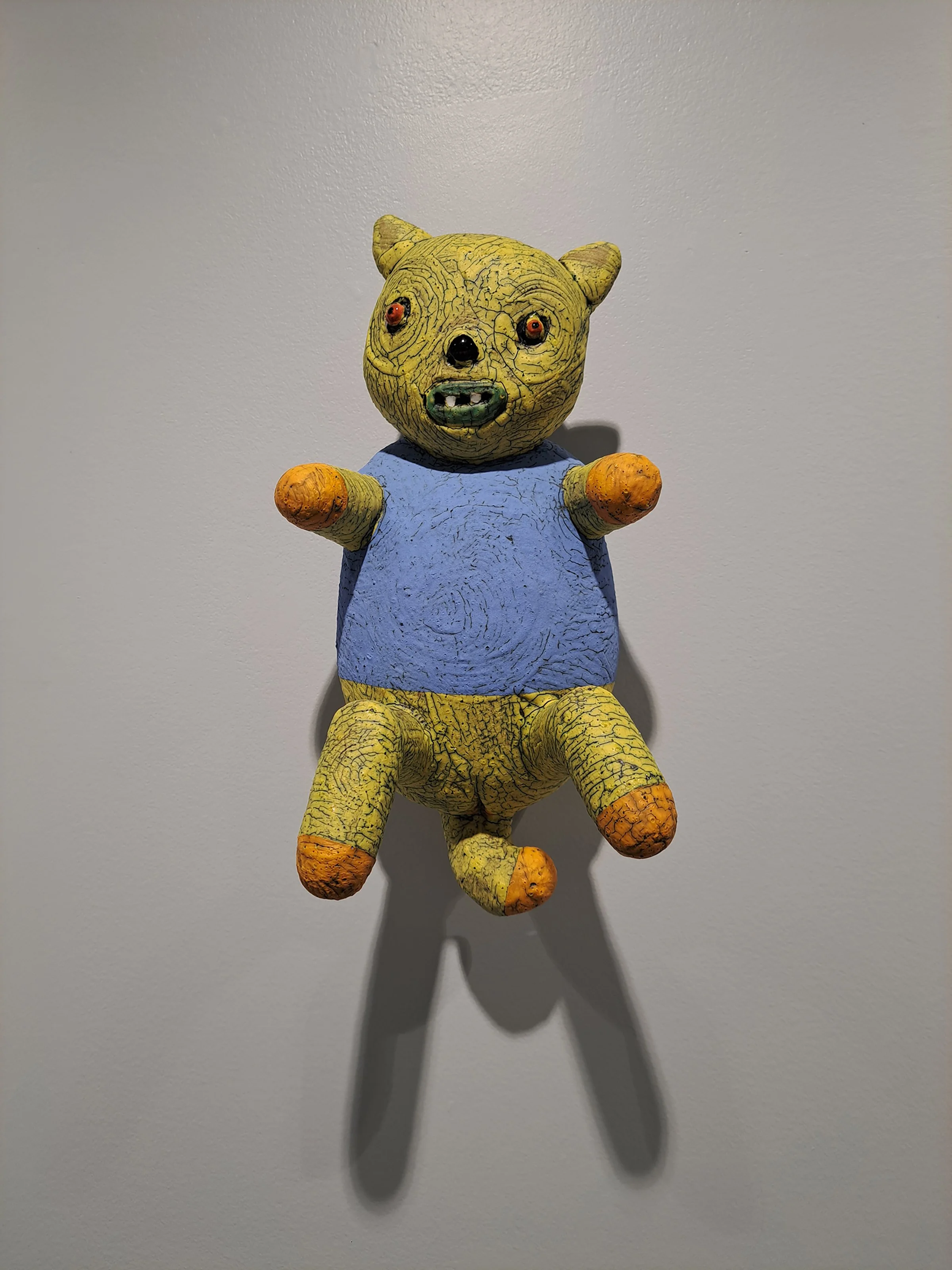 Yellow Animal in Blue Vest, Ceramic, 16 x 7 x 9, 2025