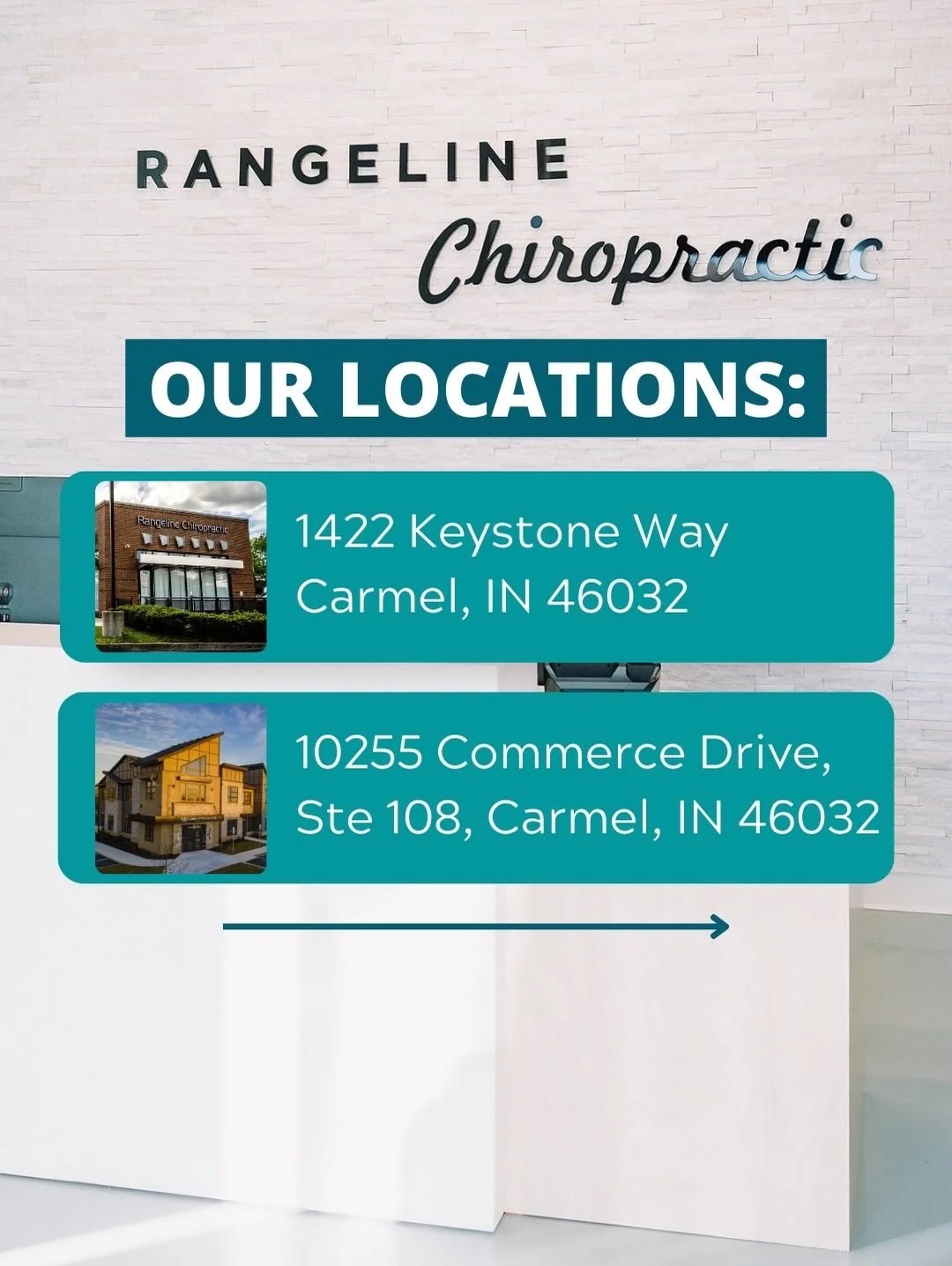 We offer 2 convenient locations for you to receive care in the Carmel, Indiana area.
⠀⠀⠀⠀⠀⠀⠀⠀⠀
SWIPE ➡️ to see the hours for each location.
⠀⠀⠀⠀⠀⠀⠀⠀⠀
At Rangeline Chiropractic, we know that healthier families lead to happier communities. We are dedic