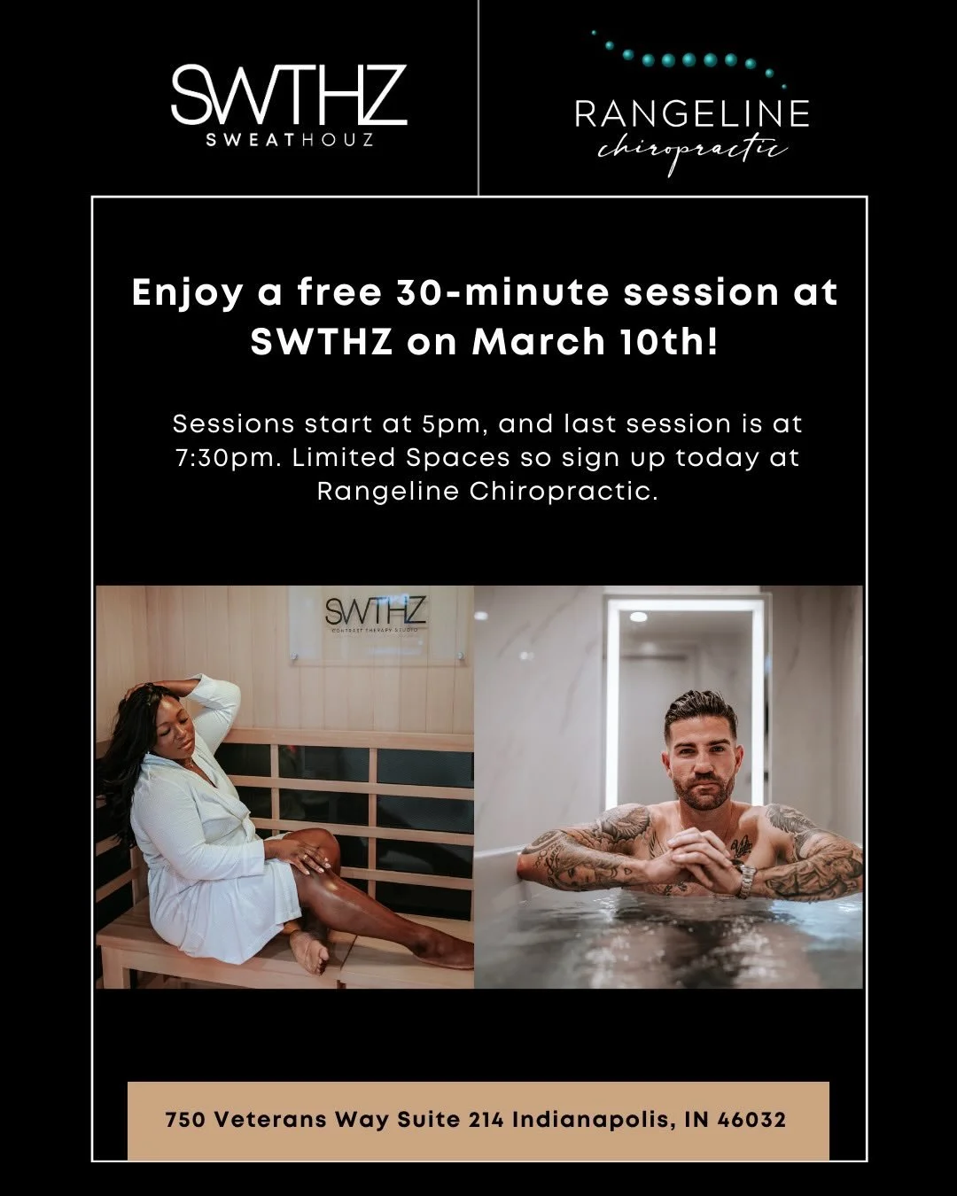 We are so excited to team up with SweatHouz for this event! 
⠀⠀⠀⠀⠀⠀⠀⠀⠀
They offer private suites featuring infrared saunas, cold plunges, and vitamin C showers.
⠀⠀⠀⠀⠀⠀⠀⠀⠀
🗓️ Enjoy a free 30-minute session on March 10th. 
🕔 Sessions start at 5:00 an