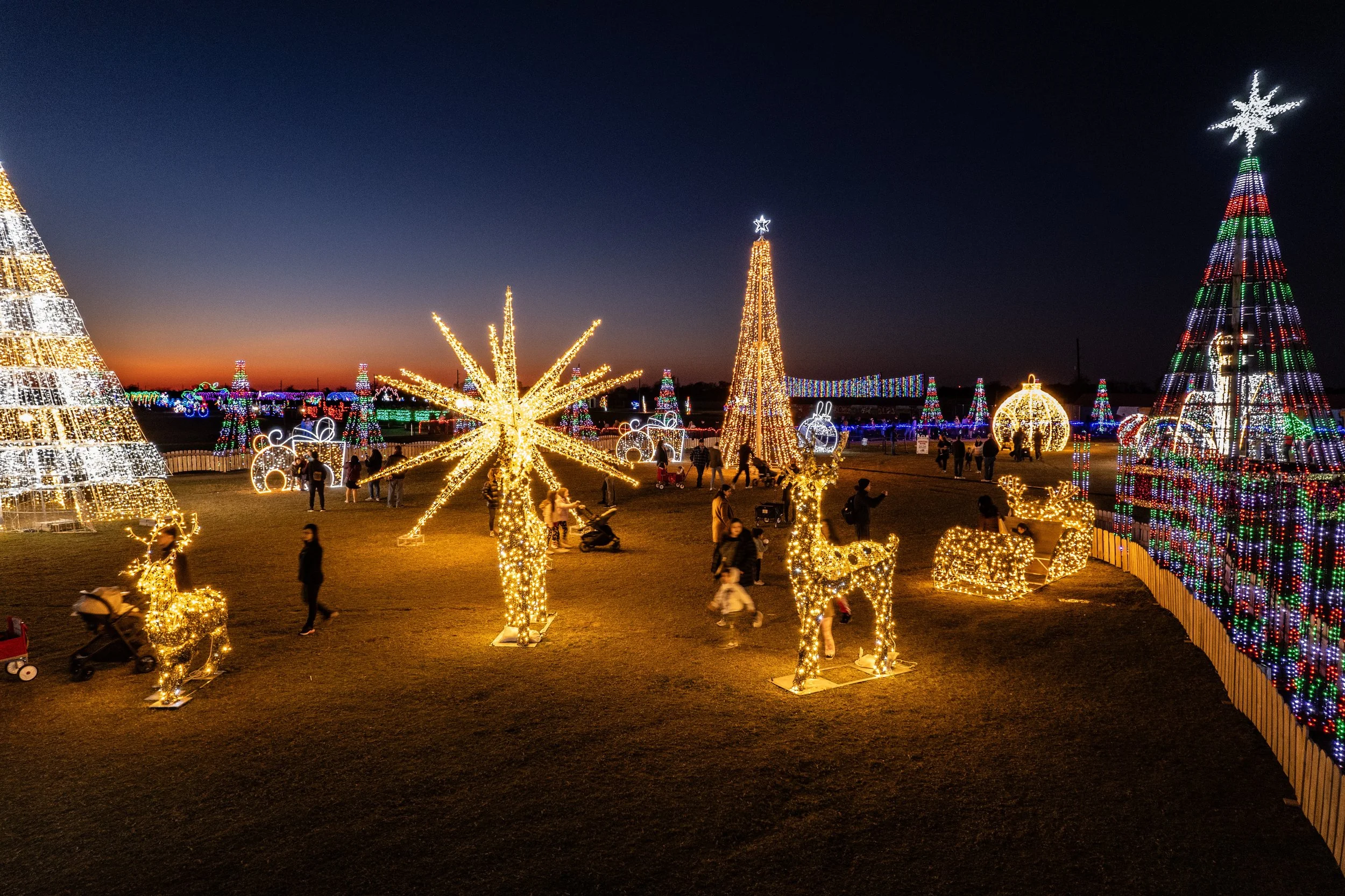 A festive outdoor Christmas display with illuminated reindeer, a star-shaped light, Christmas trees, and other holiday decorations at dusk.