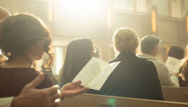 People sitting in a church pew, holding hymn or prayer books, during a service with sunlight streaming through the windows.