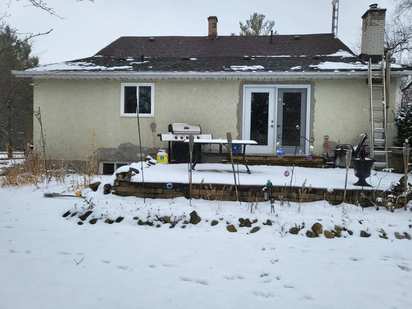 Backyard with snow-covered deck, sliding glass door, and a side window. There is a barbecue grill on the deck, a table with items on it, and a ladder leaning against the right side of the house. Snow is on the ground and roof.