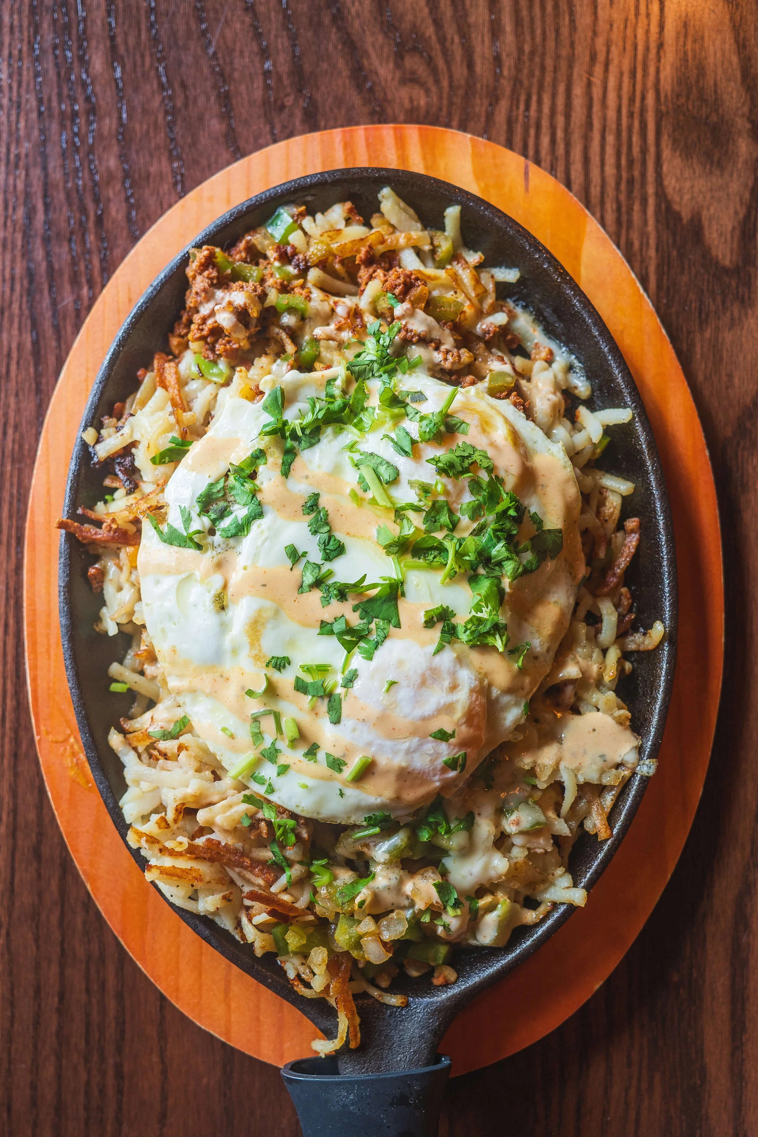 Chorizo breakfast skillet with hashbrowns, peppers, onions, cheese, and eggs at Uncle Bill’s Pancake House