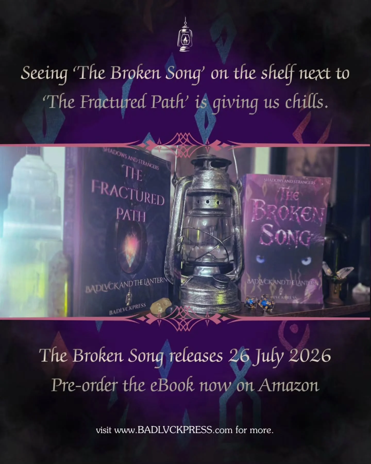 Seeing these side by side feels surreal.
Just two years ago, Shadows and Strangers was an idea that existed on a computer. Now there are two books on the shelf, and a universe that keeps growing.
The Broken Song releases 26 July 2026, and the Kindle 