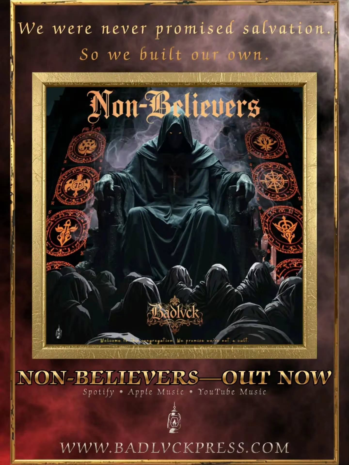 Welcome to the congregation.

We were never promised salvation.
So we built our own.

Non-Believers is out now.

A dark rock concept album about faith, power, hidden rooms, broken doctrine, and the things people choose to worship.

Listen now&mdash;s