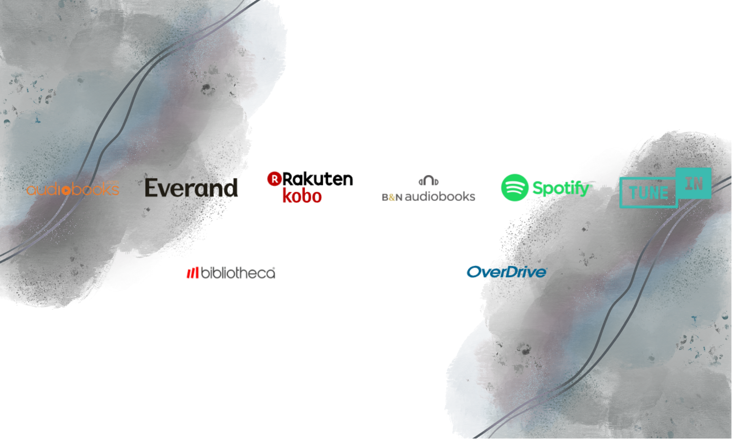 Collection of logos for audiobooks and music streaming services including Audible, Everand, Rakuten Kobo, B&N audiobooks, Spotify, TuneIn, Bibliotheca, and OverDrive against a watercolor background.