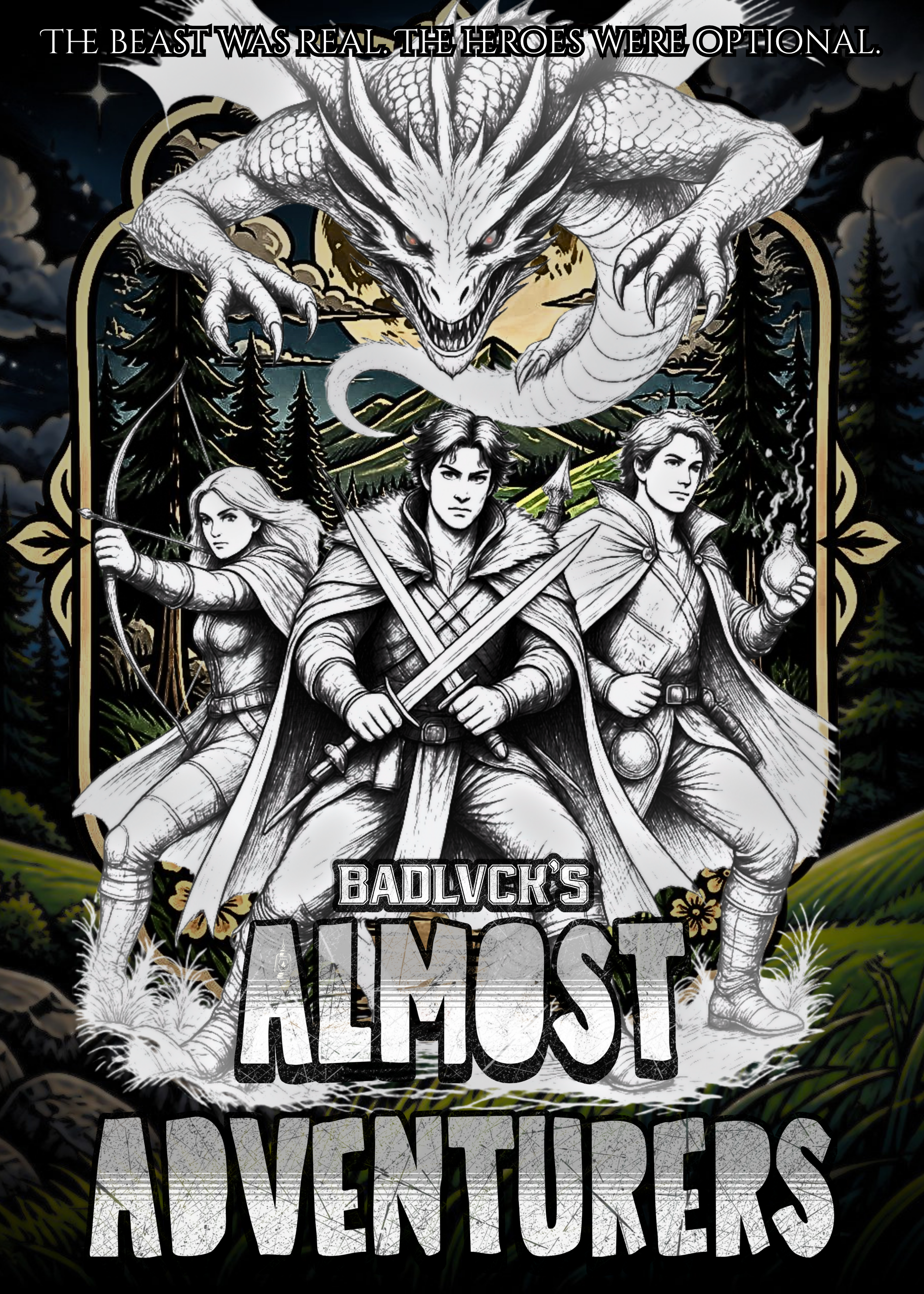 A black and white illustration featuring three adventurers in medieval armor standing in front of a large, snarling dragon with glowing eyes and sharp claws. The background shows a lush forest with mountains and a setting sun. Text at the top reads, "The beast was real. The heroes were optional."