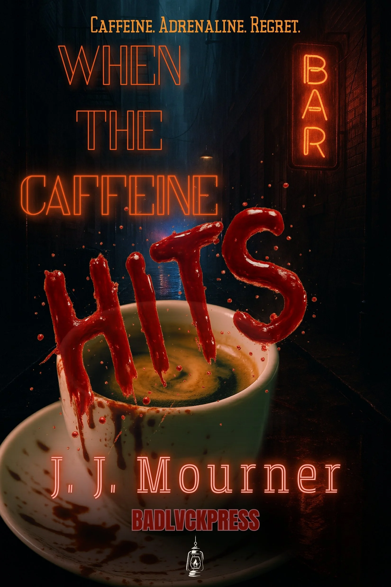 Dark alleyway with a neon 'BAR' sign. Foreground features a coffee cup with red liquid, and the word 'HITS' formed by splashes of red liquid rising from the cup. Text at the top reads 'Caffeine. Adrenaline. Regret.' and the title 'When the Caffeine H
