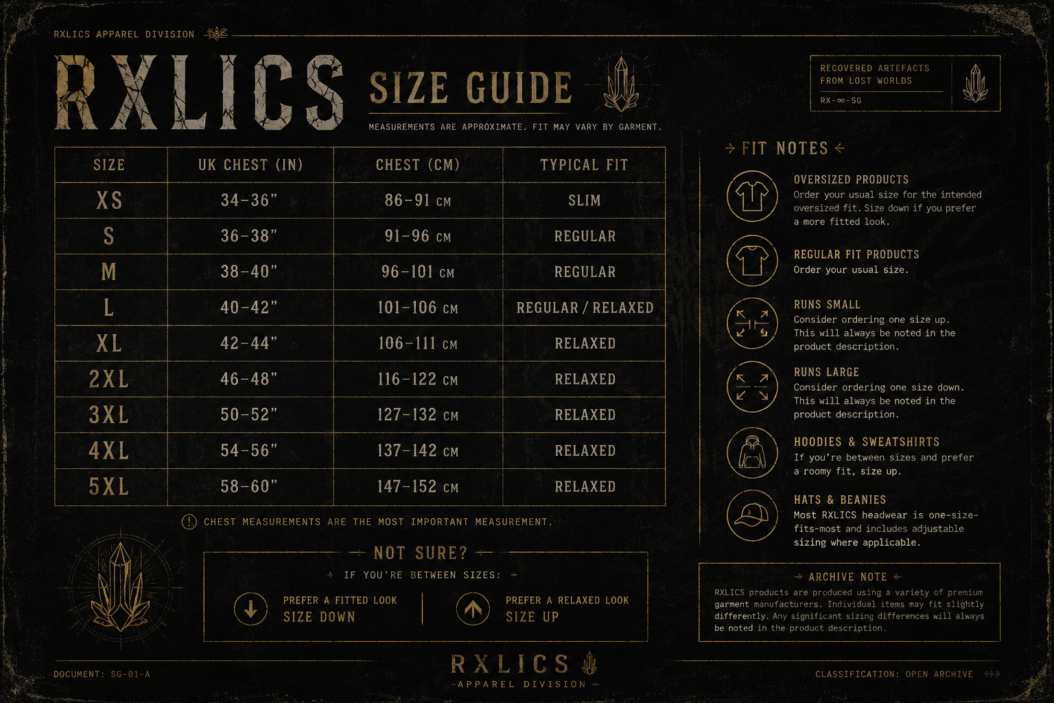 Size guide chart for RXLICS apparel, detailing measurements and fit for various sizes from XS to 5XL, with fit notes and additional information on sizing preferences.