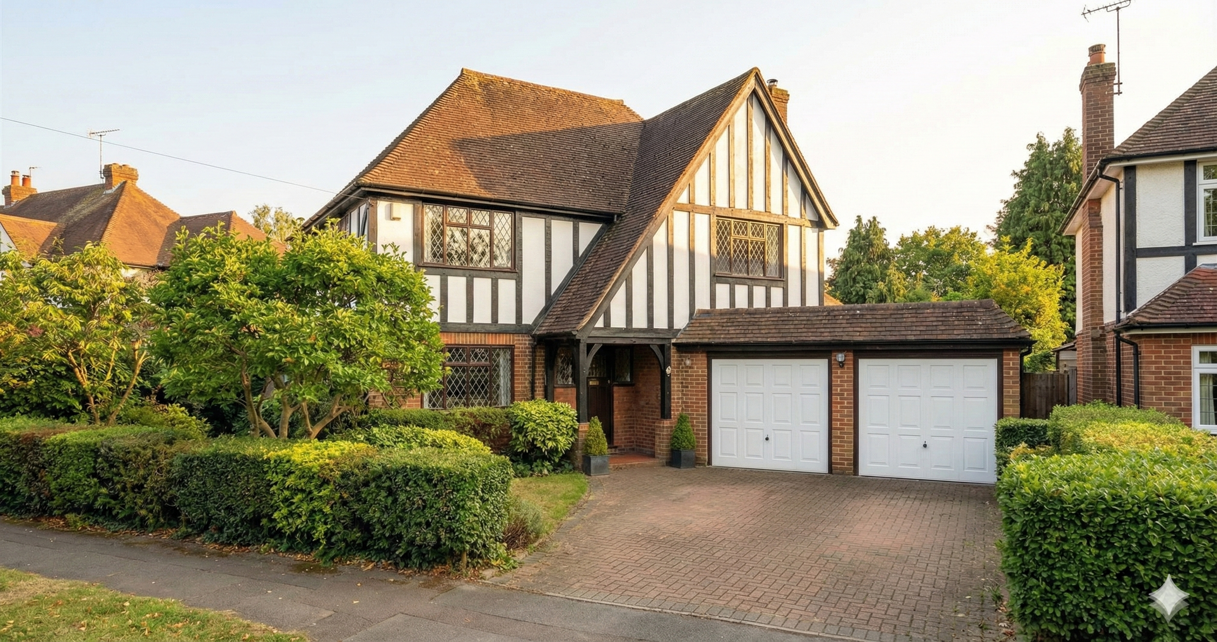 A two-story house with Tudor-style black and white wood framing and a brick lower level, surrounded by a lush green garden and trees, with a driveway leading to an attached two-car garage.