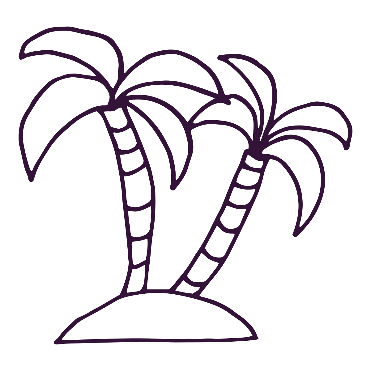 Outline drawing of two palm trees on a small hill.