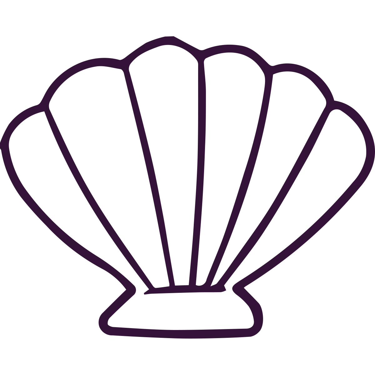 Outline drawing of a scallop shell with radiating lines.