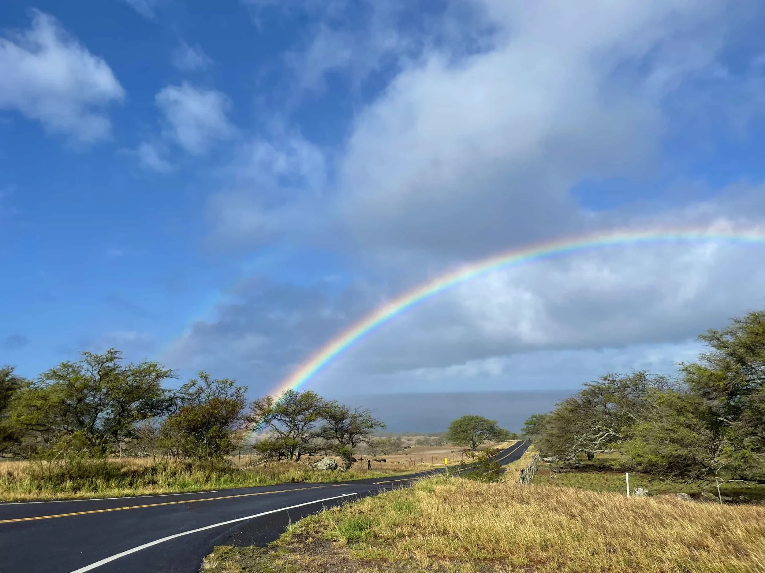 A double rainbow arching across a partly cloudy sky above a rural landscape with trees, a road, and grassy fields.