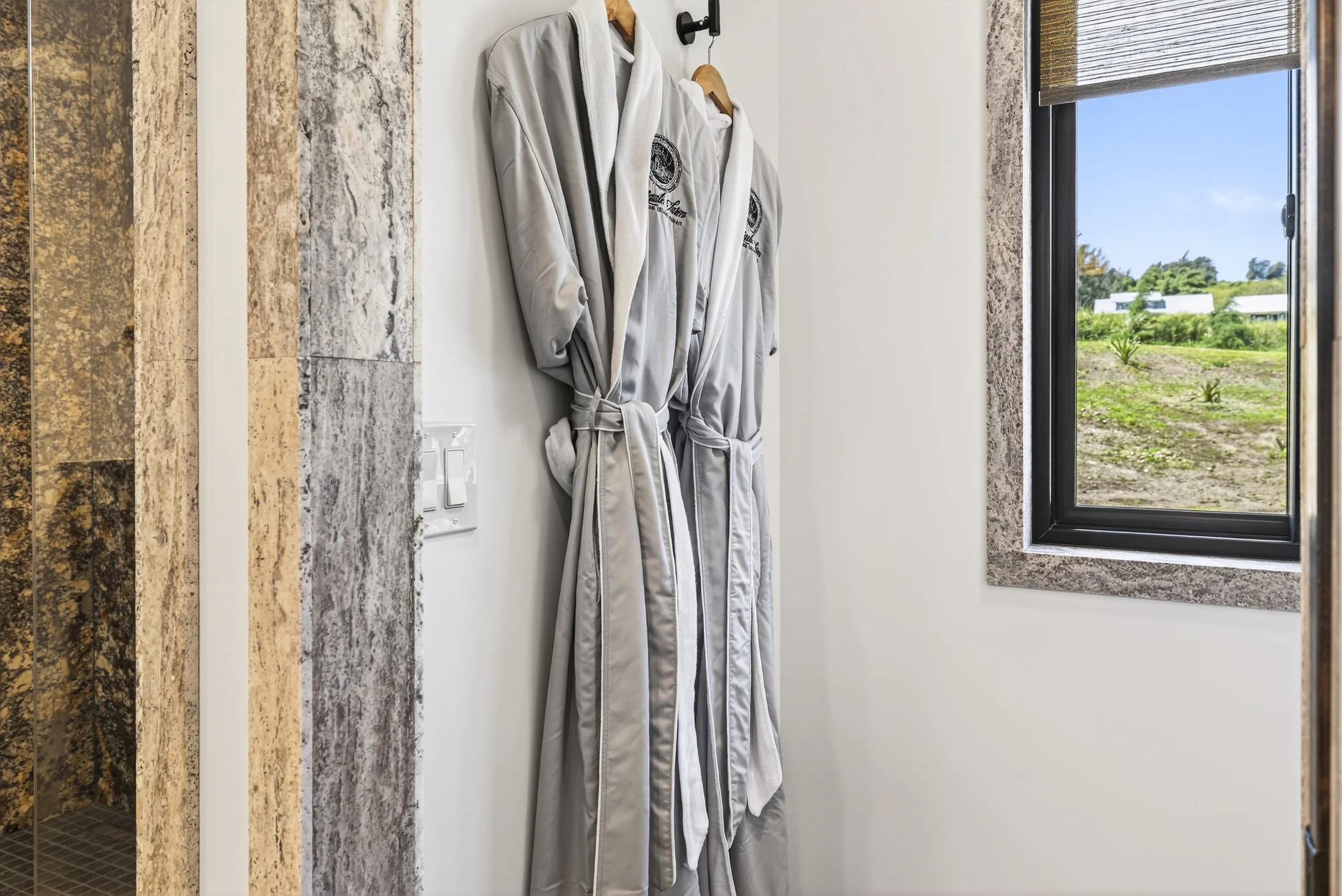 Custom organic Stargate Farm spa robes in luxury vacation rental North Kohala Hawaii