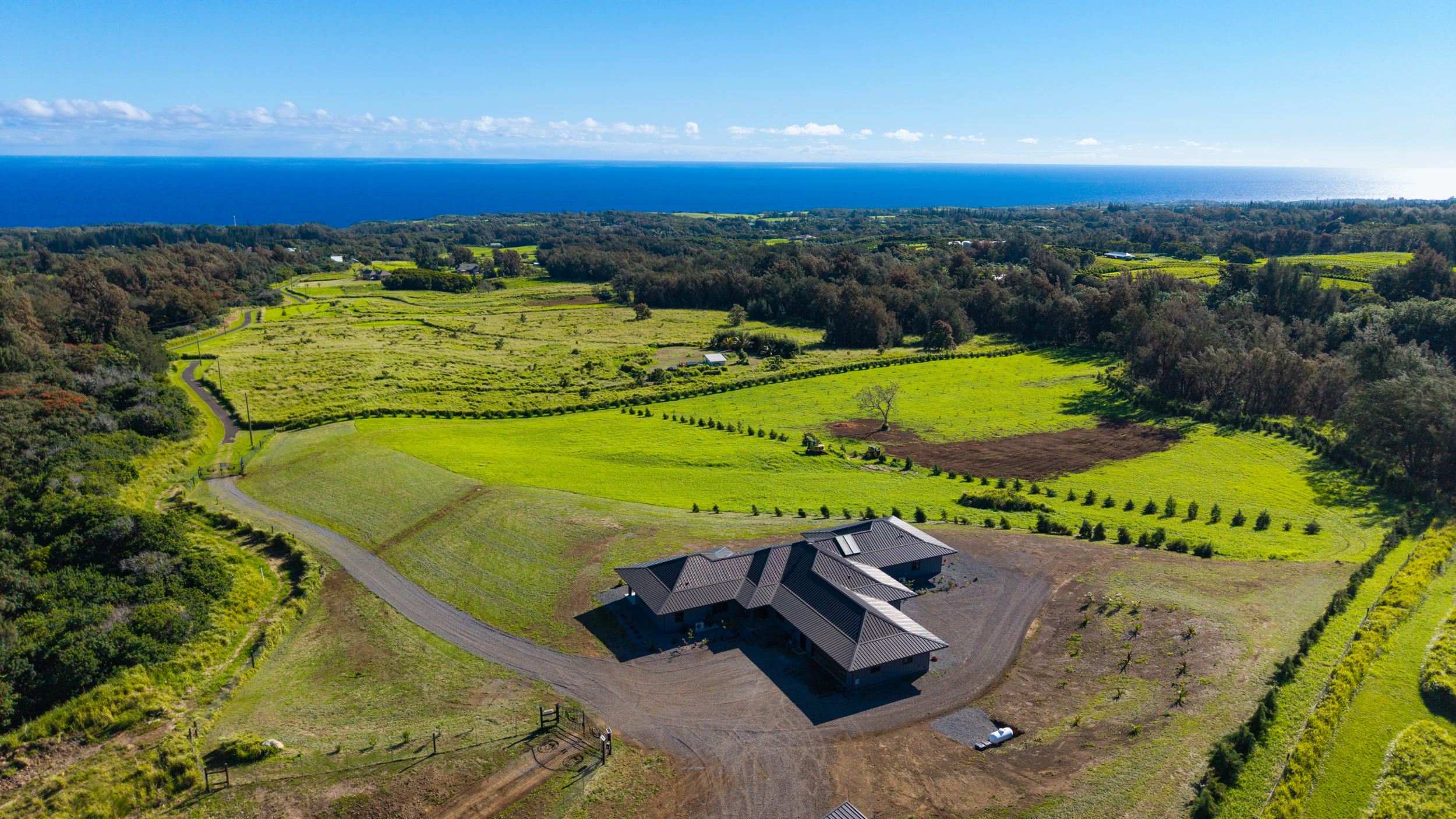 Aerial view of Stargate Farm luxury vacation rental in North Kohala Hawaii