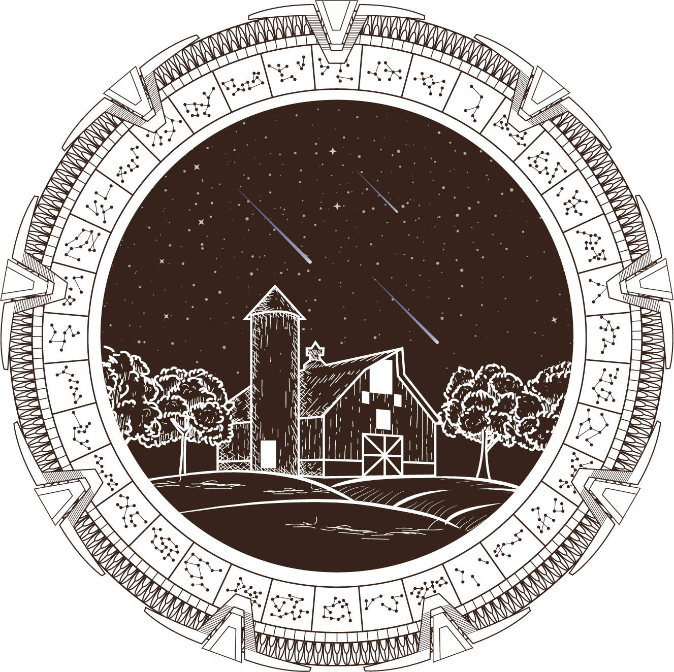 Illustration of a barn with trees, under a starry sky with falling stars, surrounded by a circular border with zodiac signs.