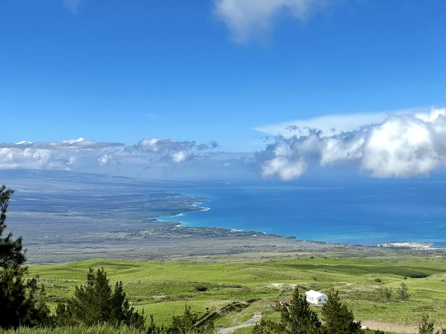 A scenic view of a coastline with green hills in the foreground, small buildings to the right, and an expansive blue ocean with clouds overhead.