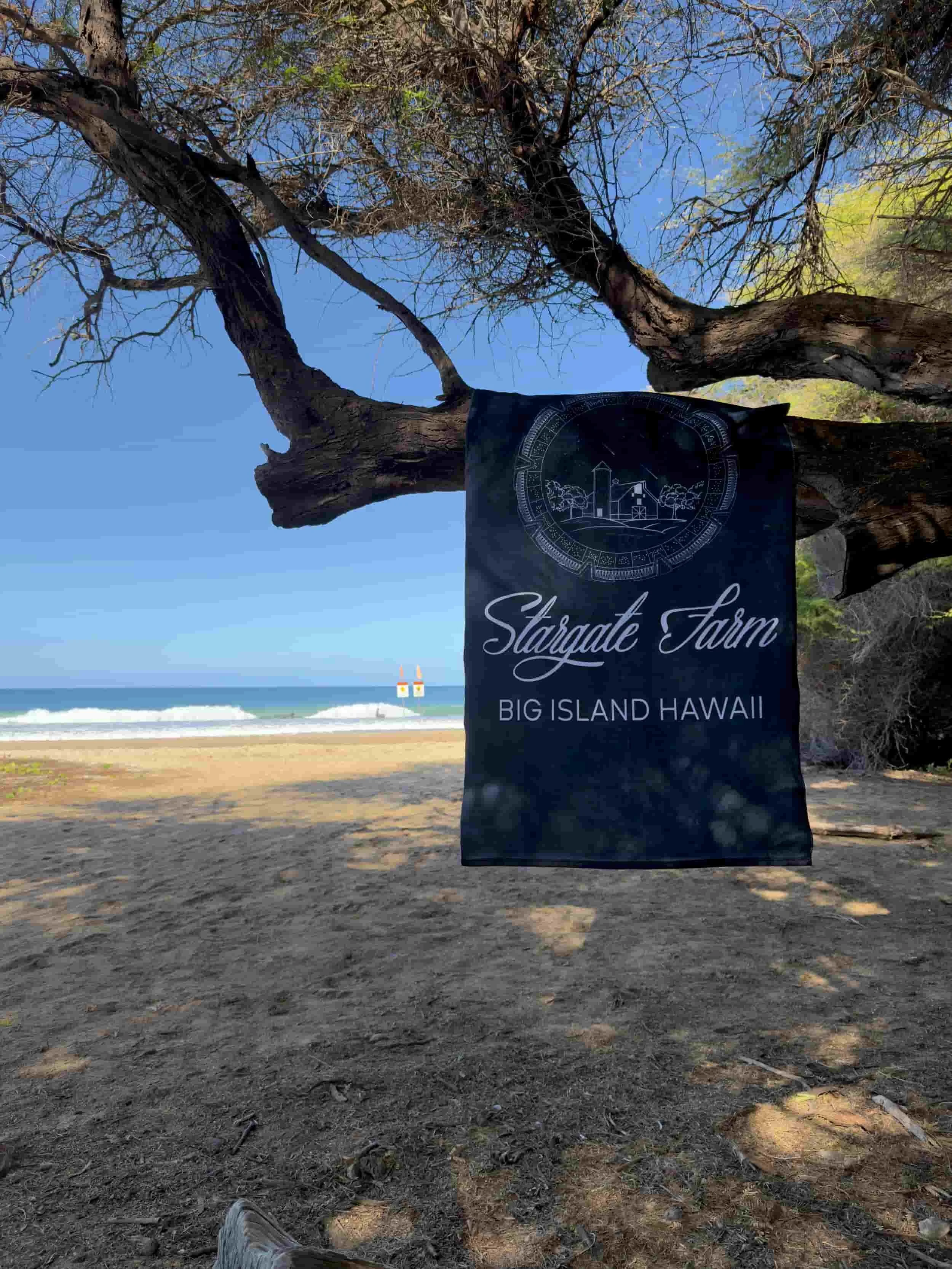 A view of a sandy beach with waves in the ocean, a clear blue sky, and a flagpole with two flags near the water. A large, leafless tree is in the foreground, and a cloth banner with the text "Stargate Farm, Big Island Hawaii" is hanging from the tree