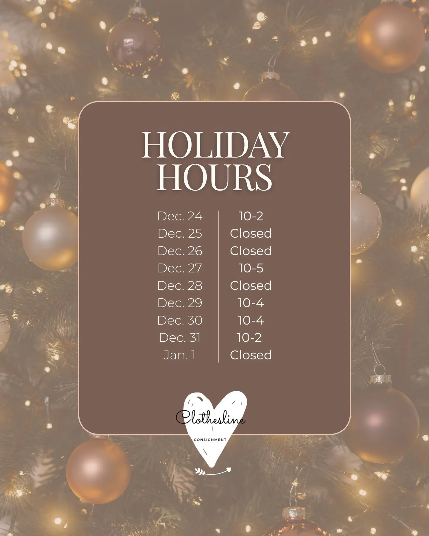 Holiday hours are set! ❄️
Back to regular hours in the new year ~ Monday-Saturday 10-5. Stop in, warm up, and shop the sweetest seasonal pieces!✨