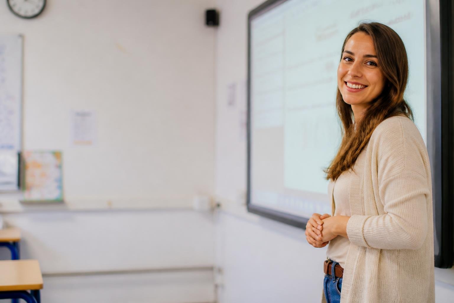 KI generiertes Bild einer jungen Lehrerin vor einem Smartboard. Sie lächelt in die Kamera.