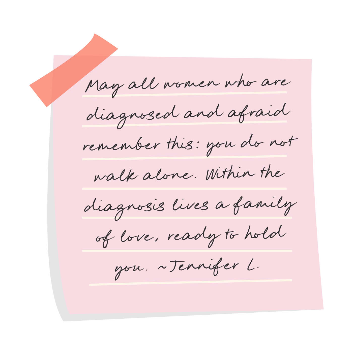 A pink note with a handwritten quote taped with pink tape on a black background. The quote encourages women diagnosed with cancer to remember they are not alone, highlighting that family of love is nearby.