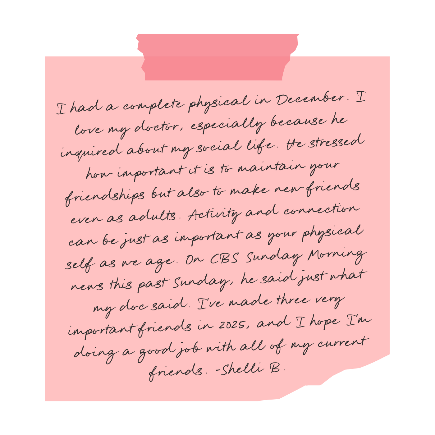 Pink handwritten note on pink paper with a clothespin at the top, expressing appreciation for a doctor and discussing social connections and friendships.