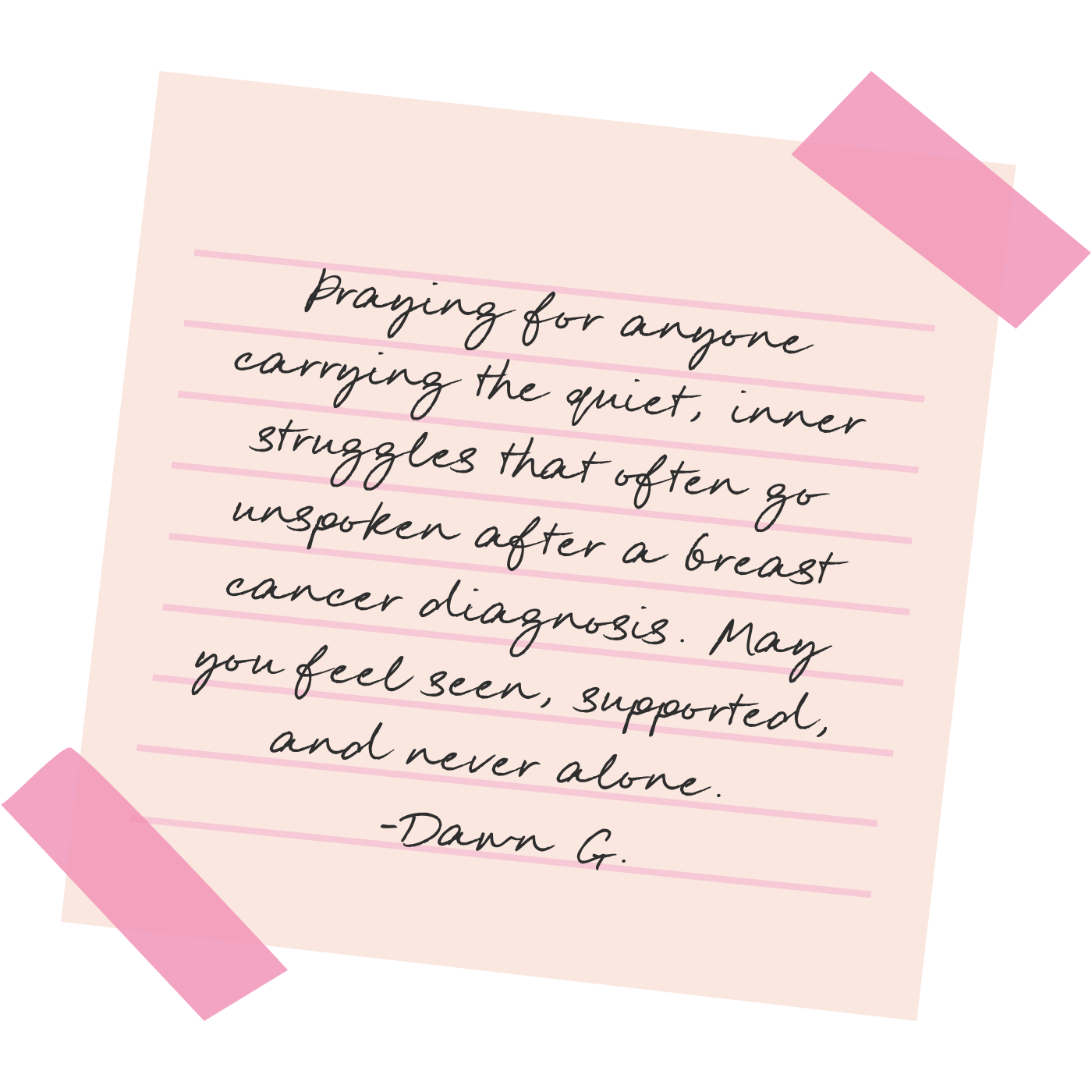 A handwritten note on pink lined paper with pink tape on the corners, containing a message about praying for someone diagnosed with breast cancer, ending with 'Never alone.'