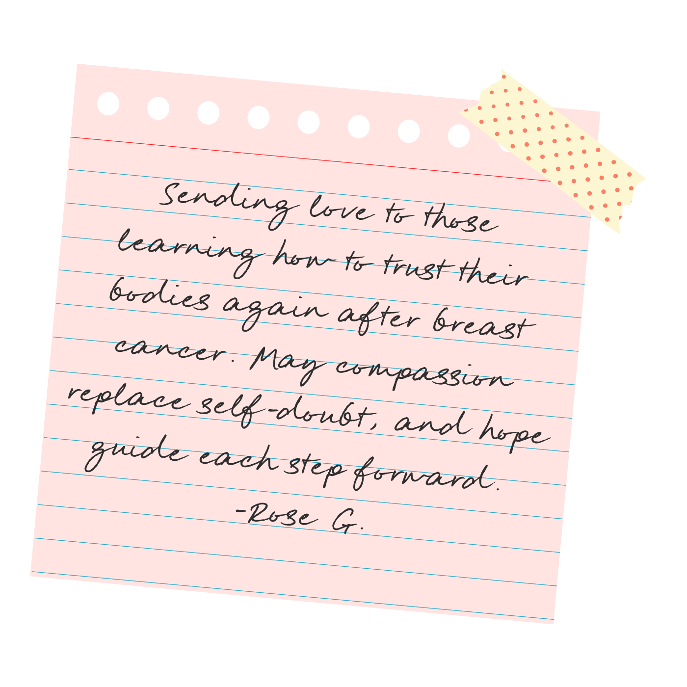 A pink lined sticky note with a handwritten message encouraging compassion and hope, signed by Rose G.