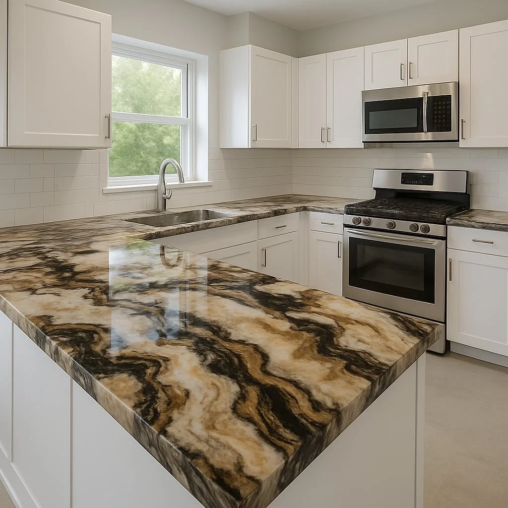 Countertops - Glossy marbled epoxy resin countertops.
Durable and long-lasting: resist heat, stains, scratches, and impacts.
Seamless and non-porous: easy to clean, antibacterial, and grease-resistant.
Safe for food prep: does not absorb oils or chem